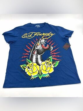 Ed Hardy Panther Graphic T-Shirt Men’s XL Blue Tattoo Style Tee NWT Y2K